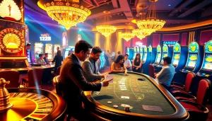 Tại 123B players enjoying thrilling casino games with vibrant tables and slot machines.