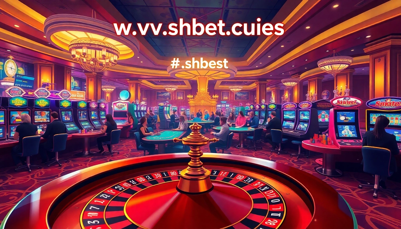 Experience the thrill of gaming at SHBET - https://shbet.cruises/ bustling casino floor showcasing exciting poker games, roulette, and vibrant slot machines.