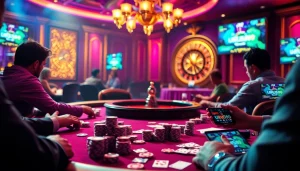 Exciting poker game at urus99 casino, showcasing high-stakes betting with vibrant chips and cards.