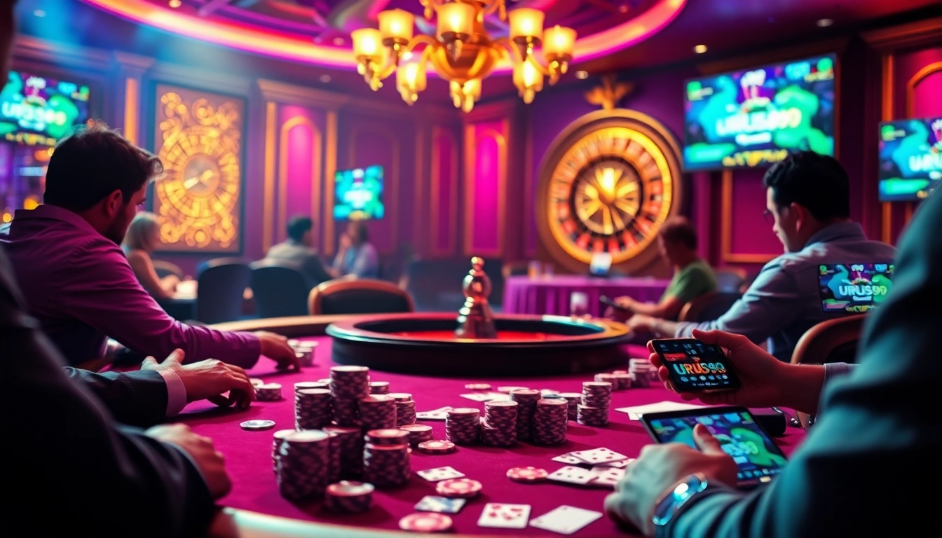 Exciting poker game at urus99 casino, showcasing high-stakes betting with vibrant chips and cards.