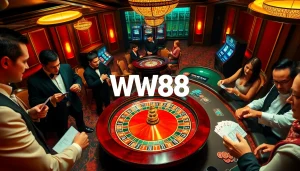 WW88 casino scene with players engaging at roulette tables and poker games, embodying excitement and high stakes.