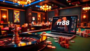 The rr88 link takes you to a dynamic casino scene with players enjoying poker and roulette, capturing the essence of thrilling casino experiences.