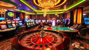 Tại 123B captures the thrill of gambling with a vibrant casino scene featuring roulette wheels, poker tables, and neon slot machines.
