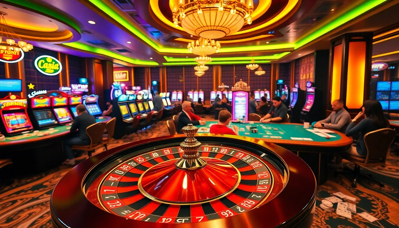 Tại 123B captures the thrill of gambling with a vibrant casino scene featuring roulette wheels, poker tables, and neon slot machines.