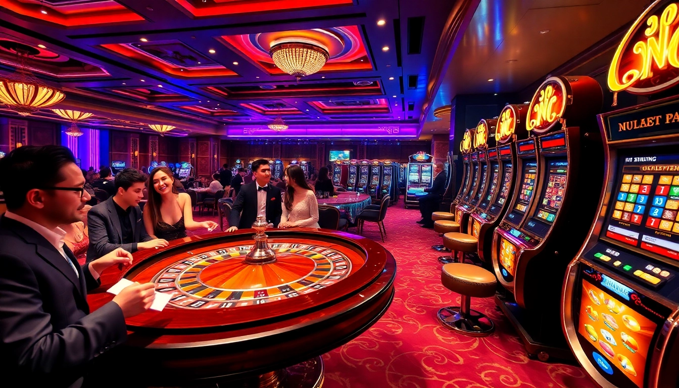 Engaging patrons enjoying a luxury casino experience at nhà cái uy tín nhất Việt Nam featuring roulette and slot machines.