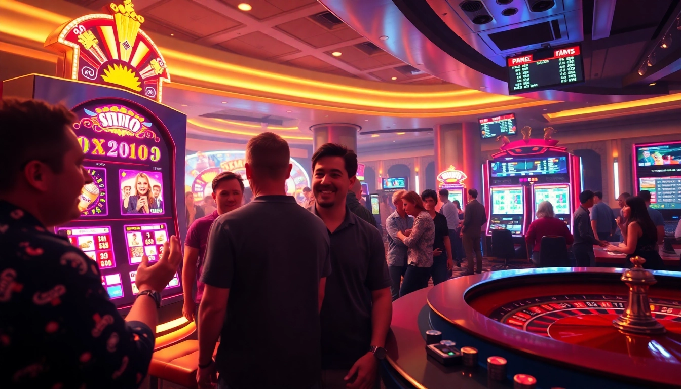 Excited players enjoying j88 nổ hũ slot games in a lively casino setting.