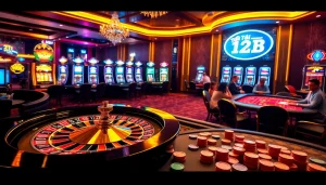 Experience the excitement of online gambling at Tại 123B with players at a bustling casino, showcasing poker and roulette activities.