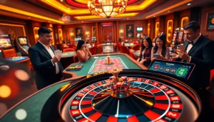 Experience the excitement of the app 68 game bài in a bustling casino with players enjoying poker and roulette.