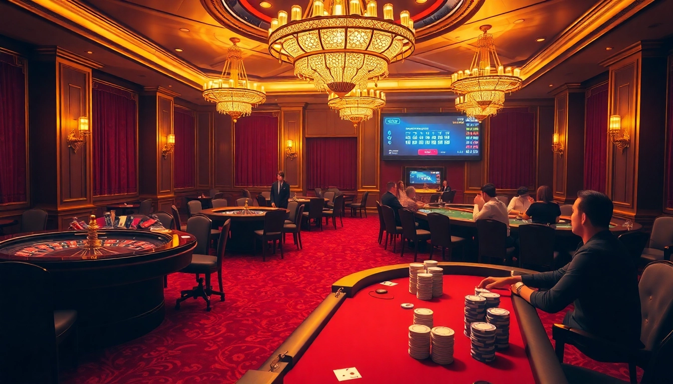 Experience the thrill of winning at ketqua24.net with players at a glamorous casino engaging with roulette wheels and poker tables.