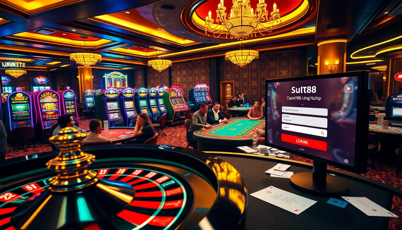 Players enjoying the excitement of SUT88 ĐĂNG NHẬP at a vibrant casino with roulette and slot machines.