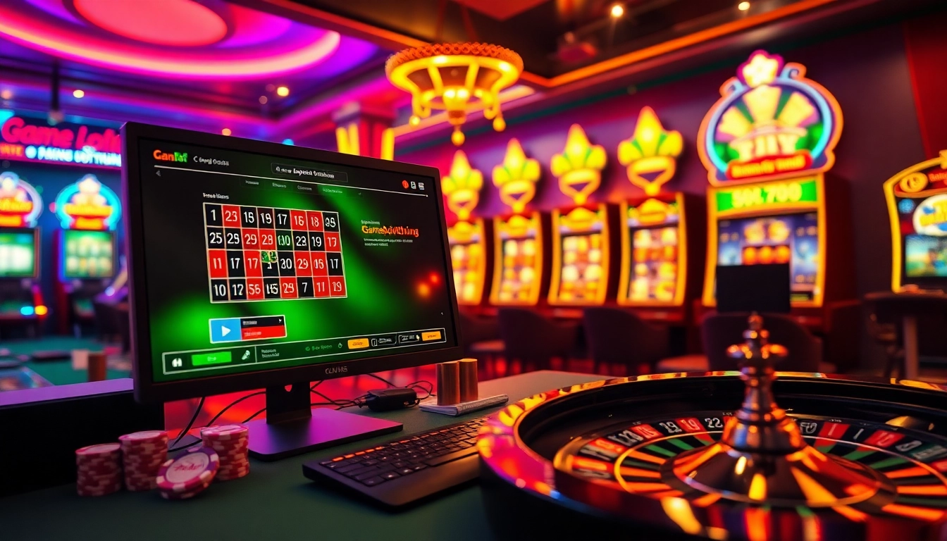 Experience gamebaidoithuong with a glamorous online casino setup featuring poker chips and roulette wheels.